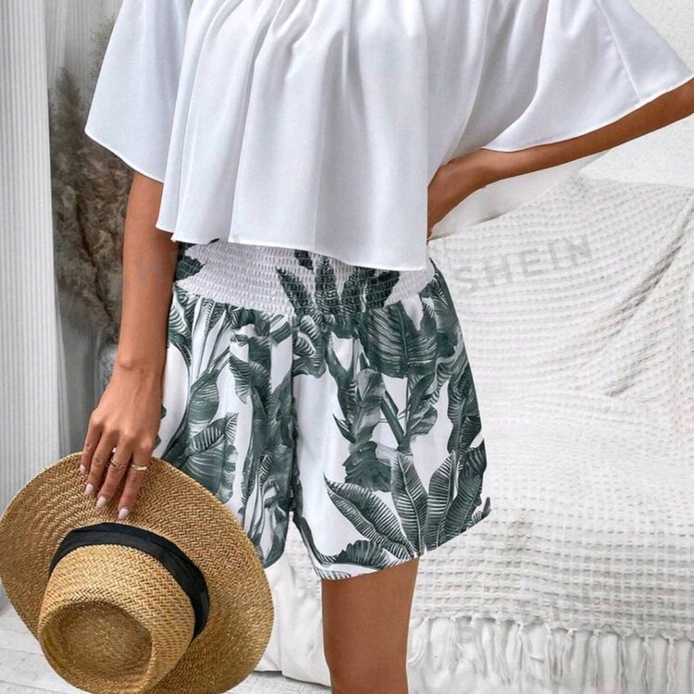 tropical leaf print shorts